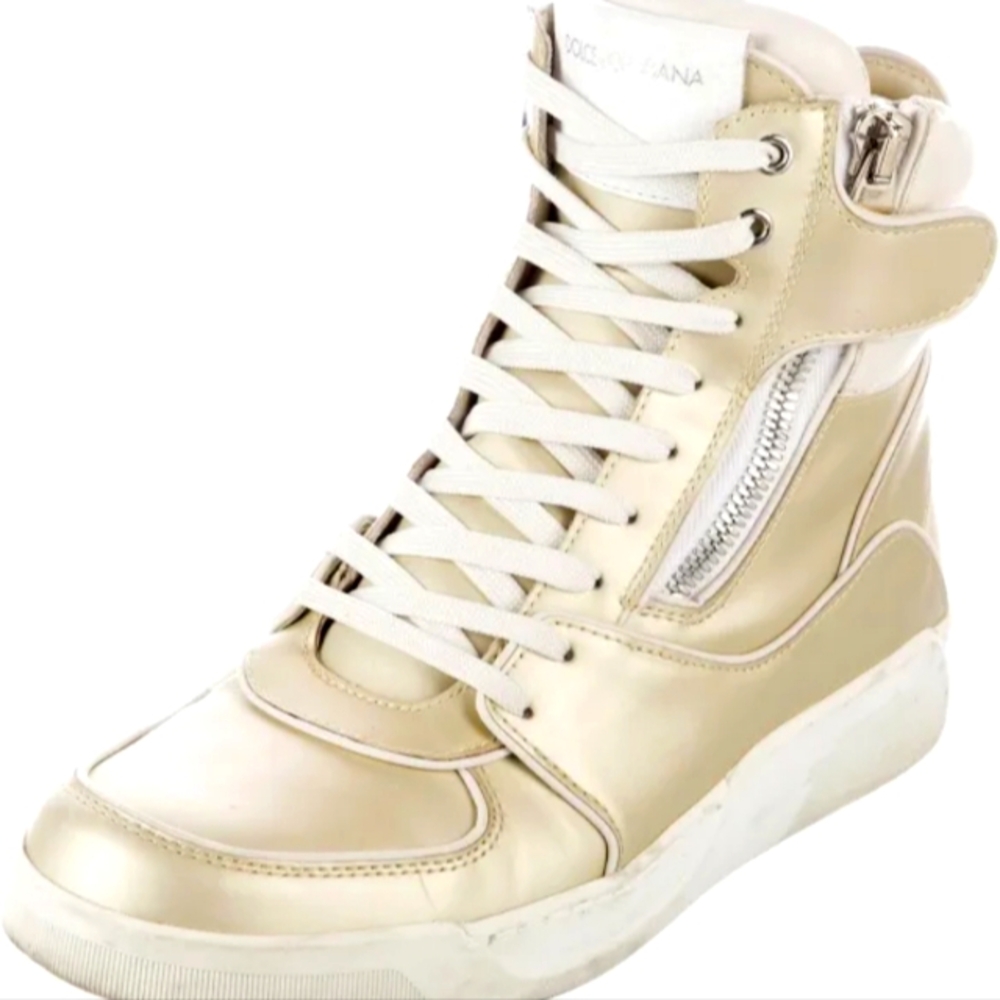 Dolce and Gabbana High top sneakers trainers gold toned white leather colorblock